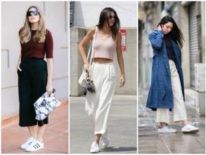 White sneakers and culottes on models