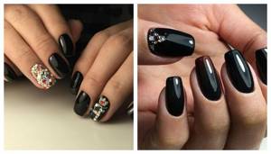 Дизайн ногтей с черным гель-лаком и стразами