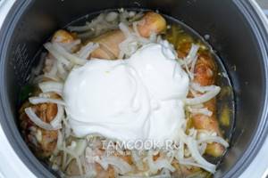 Add water, onion and sour cream
