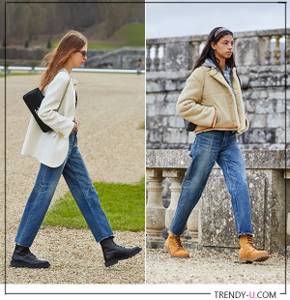 Jeans combined with a jacket and a short sheepskin coat