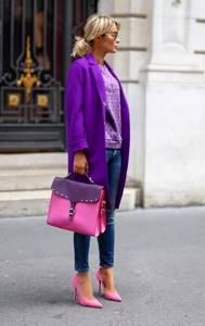 purple coat and lilac jumper