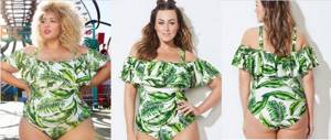 Photo of large size white and green swimsuit 2021 with palm leaves print