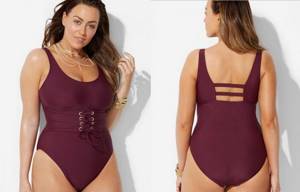 Photo of a large size one-piece swimsuit 2021 in purple with a laced belt