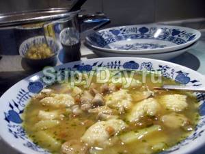 Mushroom soup in a slow cooker with dumplings and potatoes