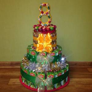 Birthday cake made from sweets and juices for an 8 year old child.