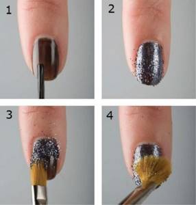 How to apply glitter to gel polish without a top coat or with a coat. Instructions, video 