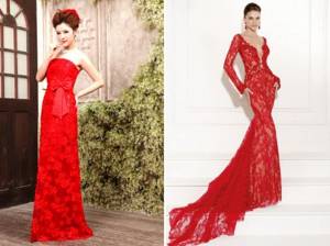 floor-length red lace dress