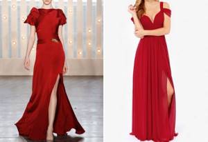 red floor-length dress with a slit
