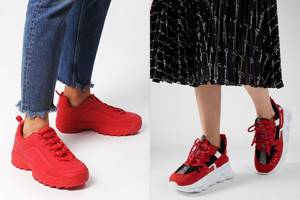Red sneakers in tandem with jeans and a skirt