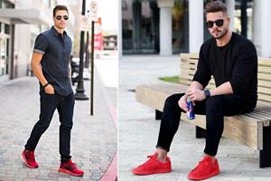 Red men&#39;s sneakers with casual style clothes