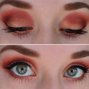 Red eye shadow. Palette, photo, makeup 