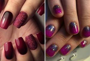 red ombre manicure with glitter