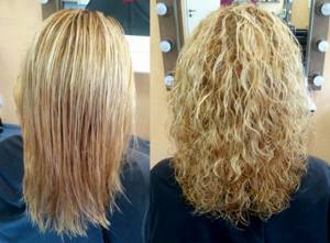 Major chemicals for medium hair. Photos before and after perm with and without bangs 