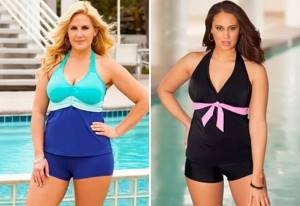 Swimwear for obese women with a belly and a large bust. Tankini models, Milavitsa, closed, separate, with shorts, skirt 