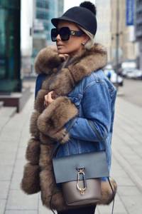 denim jacket with hat, bag and glasses