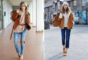 bows with brown sheepskin coat