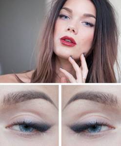 makeup with an emphasis on lips under an evening dress