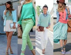 Mint color with blue, pink and white