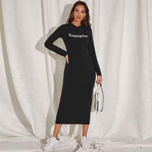 Bodycon dress with hood and text print on drawstring