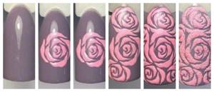 Step-by-step photo of creating a design on nails with roses.