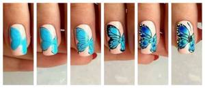 Step-by-step photo of creating a butterfly nail design.