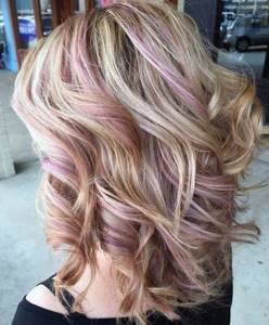 Pink blonde on wavy long hair