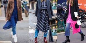 What to wear jeans with in autumn and winter: With a long dress