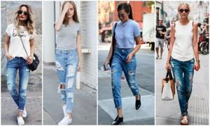 What to wear with blue women&#39;s jeans. Photo with high waist, high waist, ripped. Fashionable images and ideas 