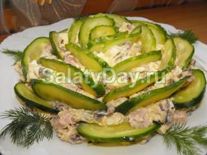 Salad with ham and cheese and cucumbers “Emerald”