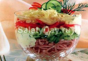 Salad with ham and cheese and cucumbers “Cocktail”
