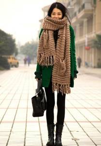 large knit scarf for winter with fringe photo
