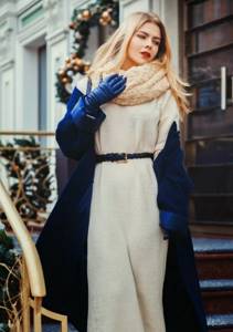blue coat and beige scarf