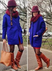 blue coat and burgundy hat and scarf