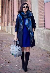 blue coat and blue scarf