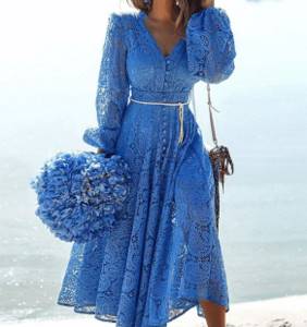 blue dress with lantern sleeves