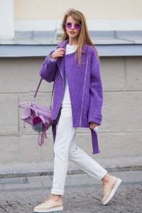 lilac coat with white trousers