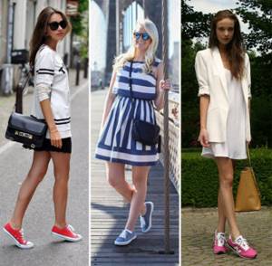 Combination of dress and sneakers