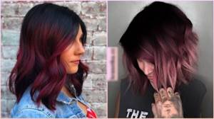 Ripe cherry hair color for dark, blond hair, with highlights. Photo 