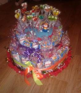 Cake made from sweets and candies on a stick.