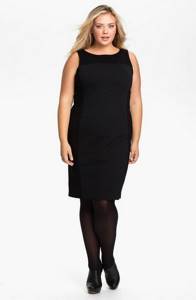 Knitted black dress by Eileen Fisher for a full figure photo