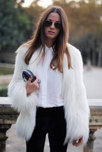 Option 2: White fur coat and tight black trousers.