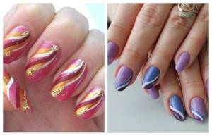 Options for simple designs on nails in the form of lines and waves, photo