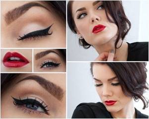 Evening makeup with red lipstick and winged eyeliner