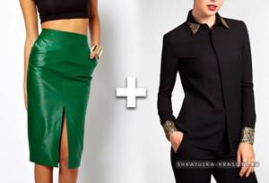 green pencil skirt with a black blouse, sweater, shirt