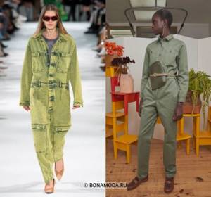 Women&#39;s overalls spring-summer 2021 - Green denim overalls with long sleeves