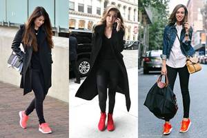 Женские образы с красными кроссовками и черными скинни