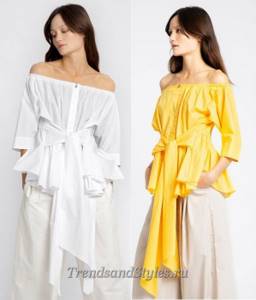 women&#39;s stylish blouses photo 2021 with a belt and open shoulders